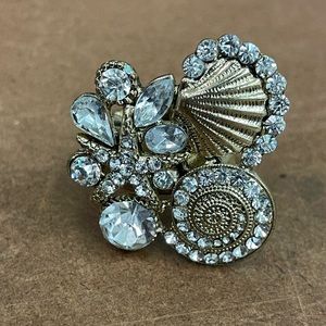 Whimsical Gold Tone & Crystal Rhinestone Seashells Adjustable Ring